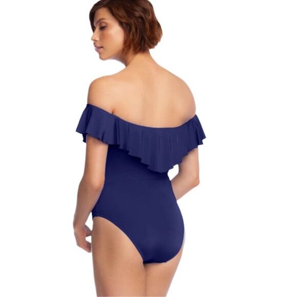 Trina Turk navy blue off shoulder ruffle one piece swimsuit modest full coverage - Picture 3 of 10